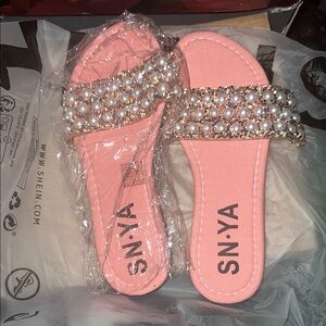 Women's Pink Pearl Embellished Slides